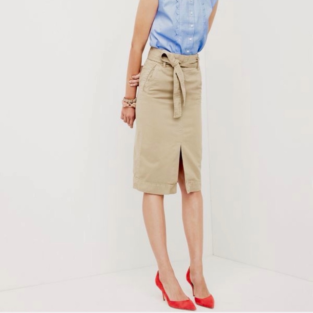 J Crew Khaki Tie waist Skirt Women’s Size 2 Tan Front Slit Belted Casual